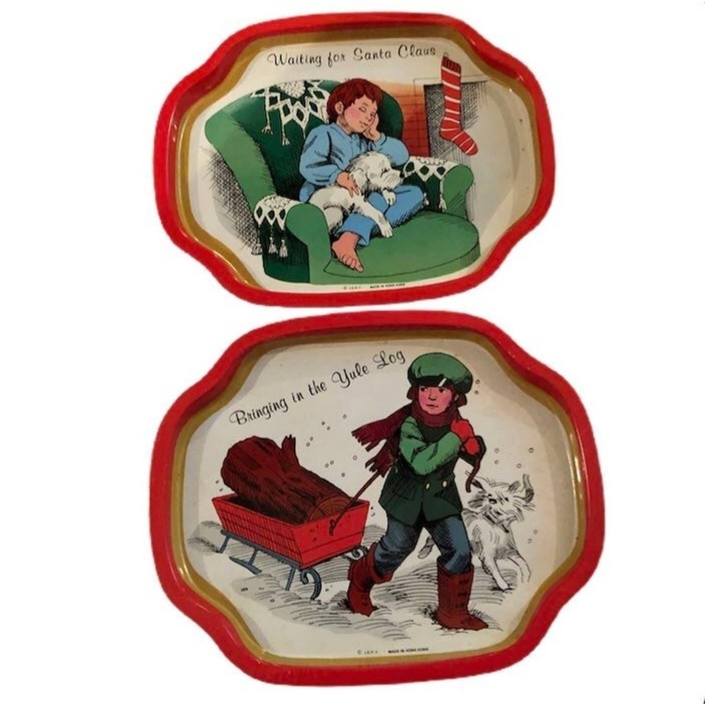 Vintage JSNY Christmas Tin Trays Set of 2‎ Waiting for Santa Yule Log Red Gold